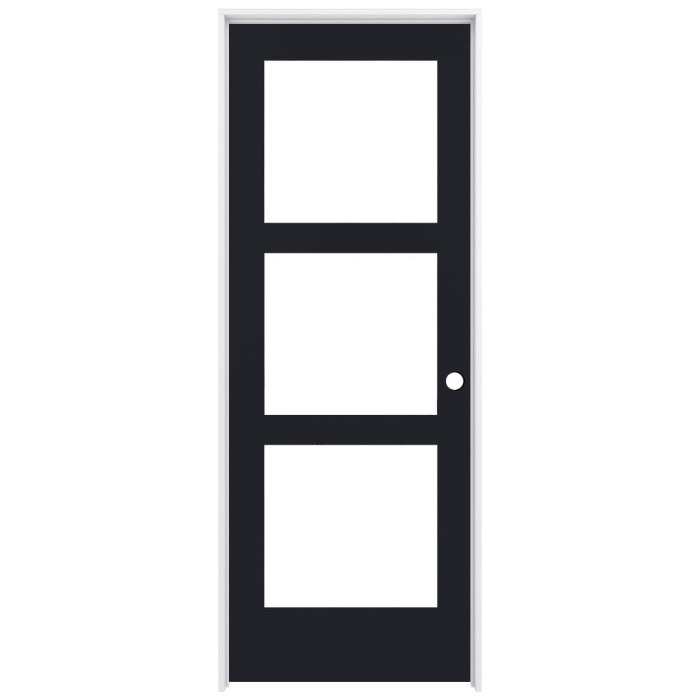 RELIABILT 30-in x 80-in Black Solid core 3-panel square Frosted glass Left hand Smooth Prefinished Pine Wood Flat Jamb Single Prehung Interior Door