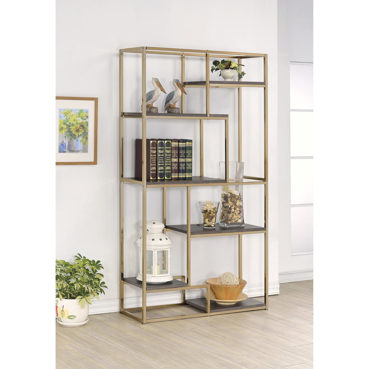 Furniture of America Nenzel Champagne Metal 6 -Shelf Bookcase ( 38-Inches W x 70-Inches H x 13.25-Inches D ) Finished