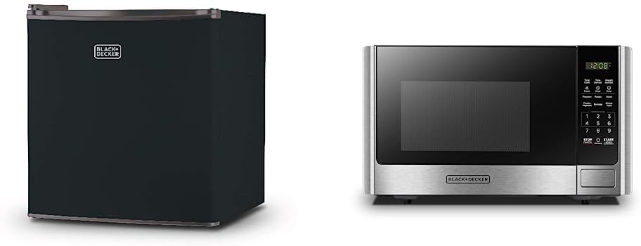 BLACK+DECKER BCRK17B Compact Refrigerator Energy Star Single Door Mini Fridge with Freezer, 1.7 Cubic Feet, Black & Digital Microwave Oven with Turntable Push-Button Door, Child Safety Lock