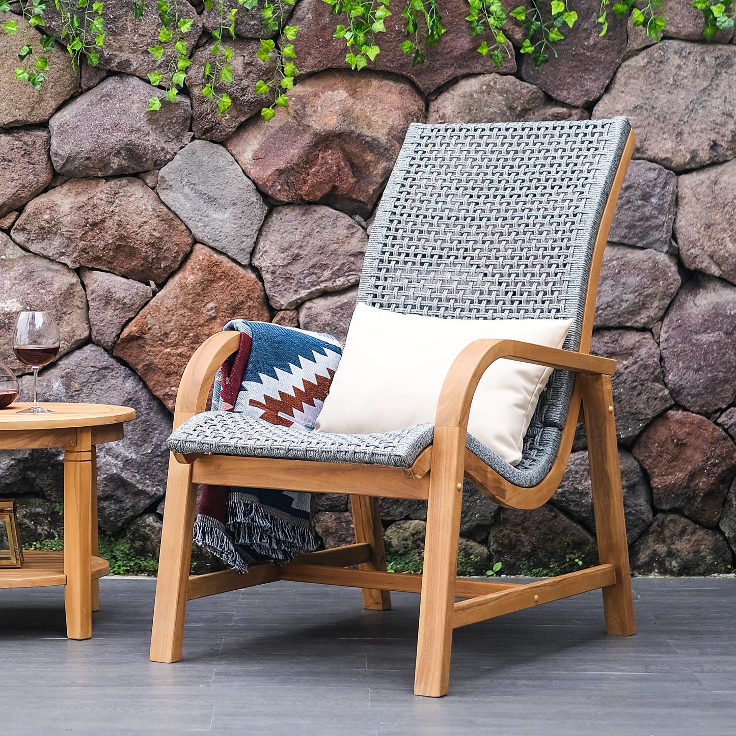 Cambridge Casual Dunham Natural Teak Wood Frame Stationary Conversation Chair with Woven Seat