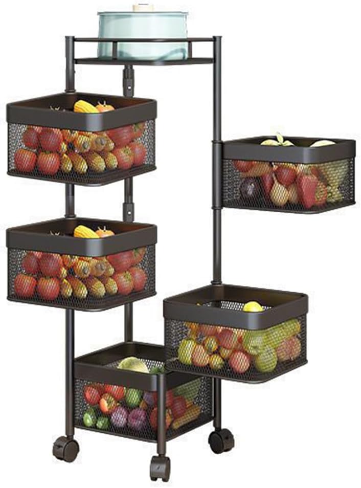 Rotating Storage Shelves Rack, 5-Tier Kitchen Storage Shelf Carts, with 6.5cm Heightened Fence, 360° Universal Wheel, Move Easily, for Seasonings/Vegetables/Tableware/Small Household Appliances