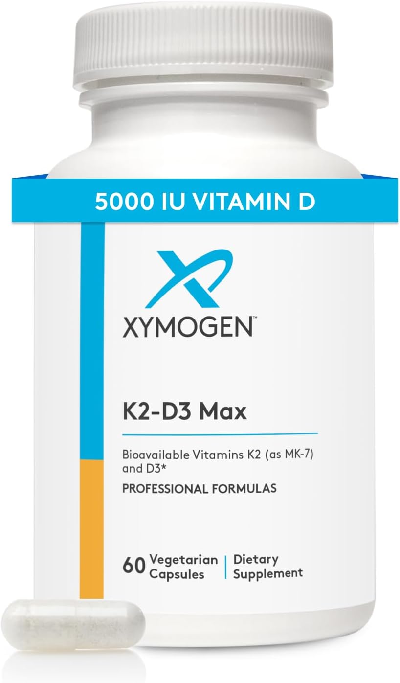 XYMOGEN K2-D3 Max - Vitamin D3 K2 with 180mcg VIT K Per Capsule - Bioavailable Vitamin D 5000 IU (Cholecalciferol) with K2 MK-7 - Bone Health + Immune Support Supplement (60 Capsules)