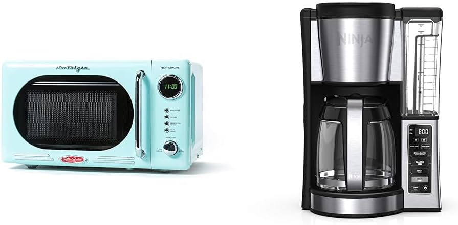 Nostalgia Retro Compact Countertop Microwave Oven - 0.7 Cu. Ft. - 700-Watts & Ninja 12-Cup Programmable Coffee Brewer, 2 Brew Styles, Adjustable Warm Plate