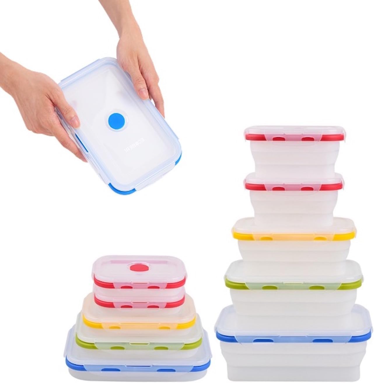 ECOBERI Collapsible Silicone Food Storage Containers, BPA Free, Microwave, Freezer and Dishwasher Safe, Lunch, Meal Prep, Travel, Space-Saving, Set of 5