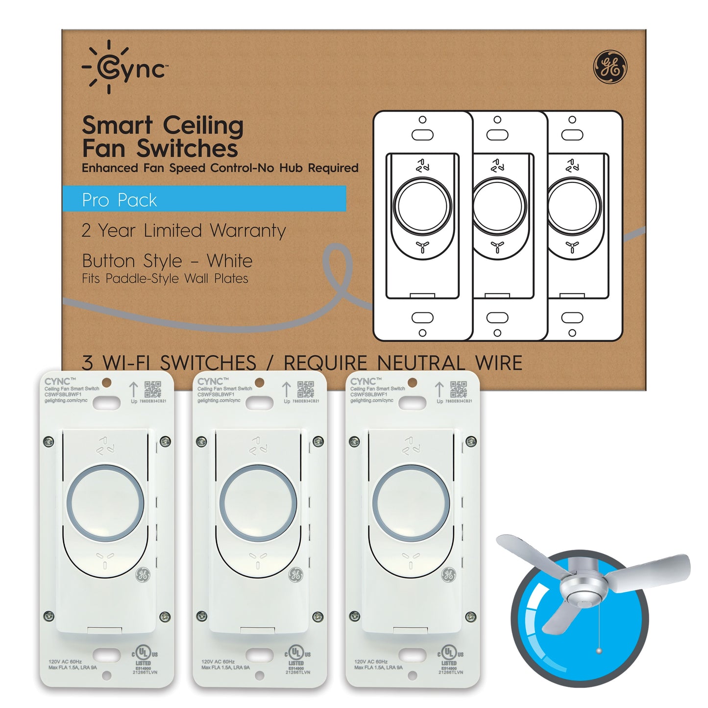 GE Cync Pro Pack 1.5-amp Single-pole/3-way Smart Illuminated Touch Light Switch, White (3-Pack) 93130504