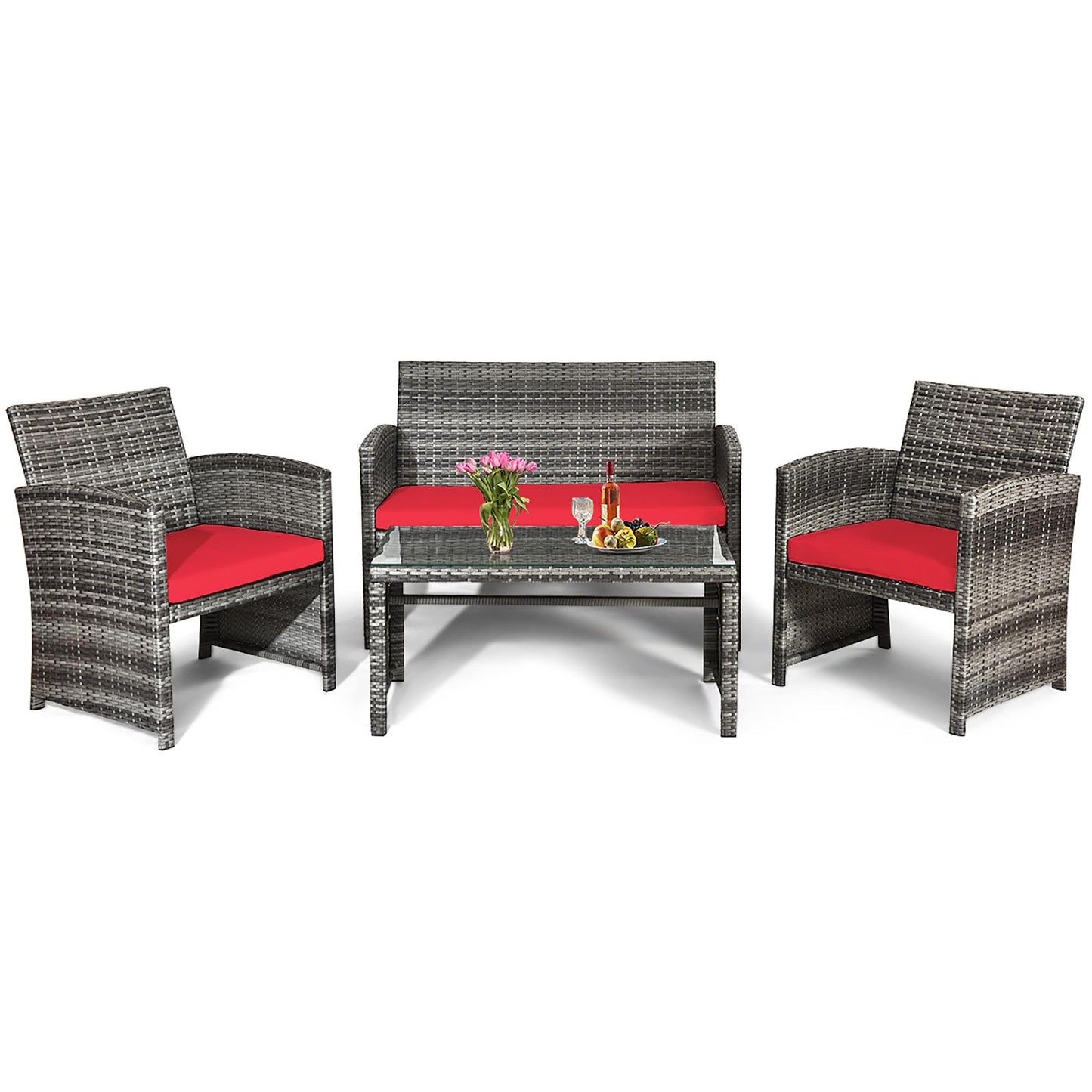 Costway 4 -Piece Rattan Patio Conversation Set with Red Cushions