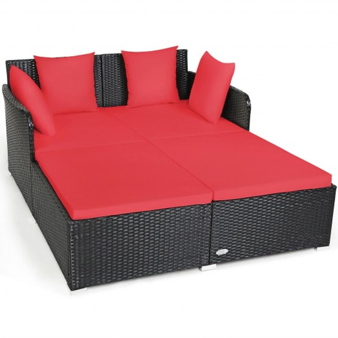 WELLFOR CW Daybed Rattan Outdoor Daybed with Red Cushions and Steel Frame