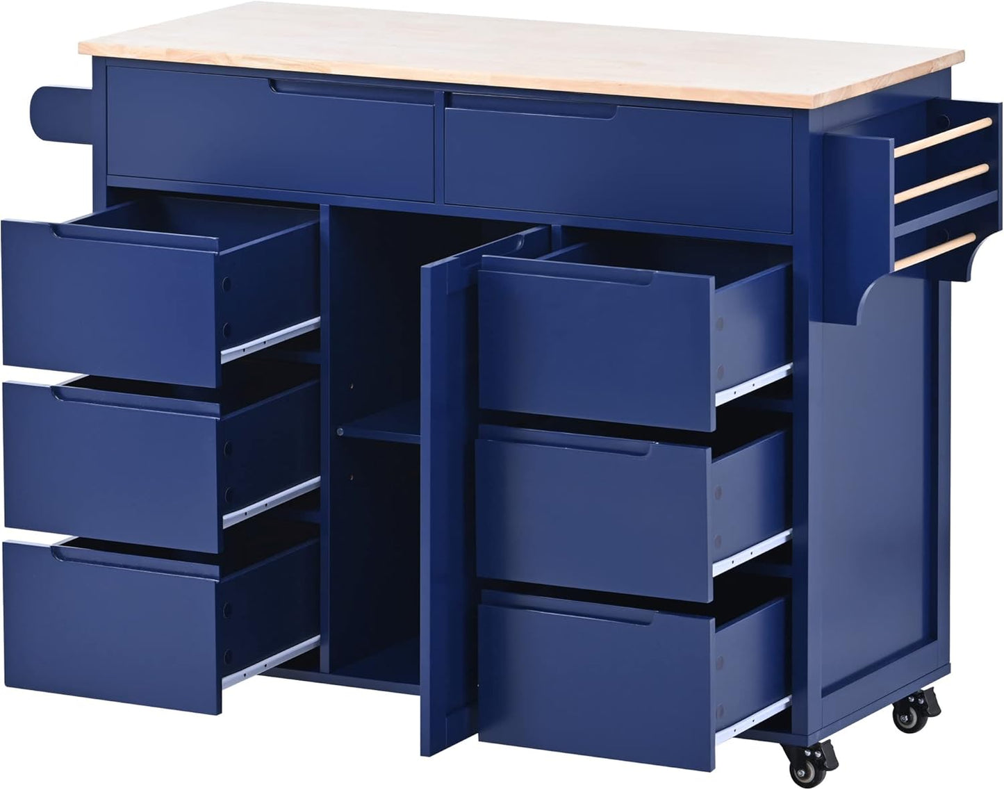 8-Drawer Kitchen Cart with Rubber Wood Countertop, Mobile Kitchen Island with Handle-Free Drawers, Flatware Organizer & 5 Locking Wheels, Streamlined Storage Cart for Kitchen, Dining Room (Blue)