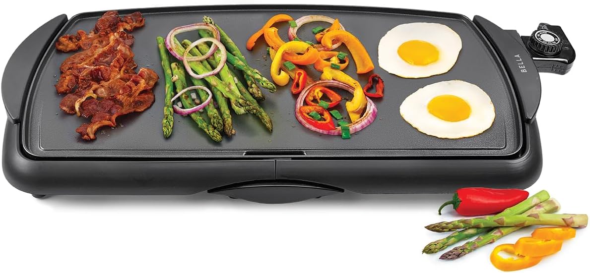 BELLA Electric Griddle & Flat Grill with Nonstick Large Cooking Surface and Removable Probe for Eggs, Tortillas, Pancake and more, 10.5" x 20", Black