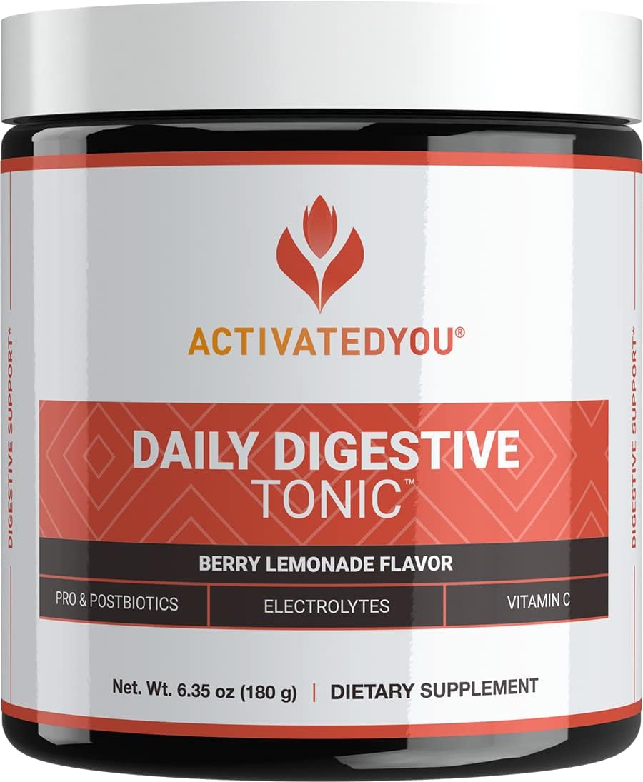 ACTIVATEDYOU Daily Digestive Tonic Kombucha - Support Healthy Digestion & Youthful, Long-Lasting Energy- Prebiotic Fiber, Probiotics, Postbiotics, Vitamin C, Berry Lemonade Flavor (30 Servings)