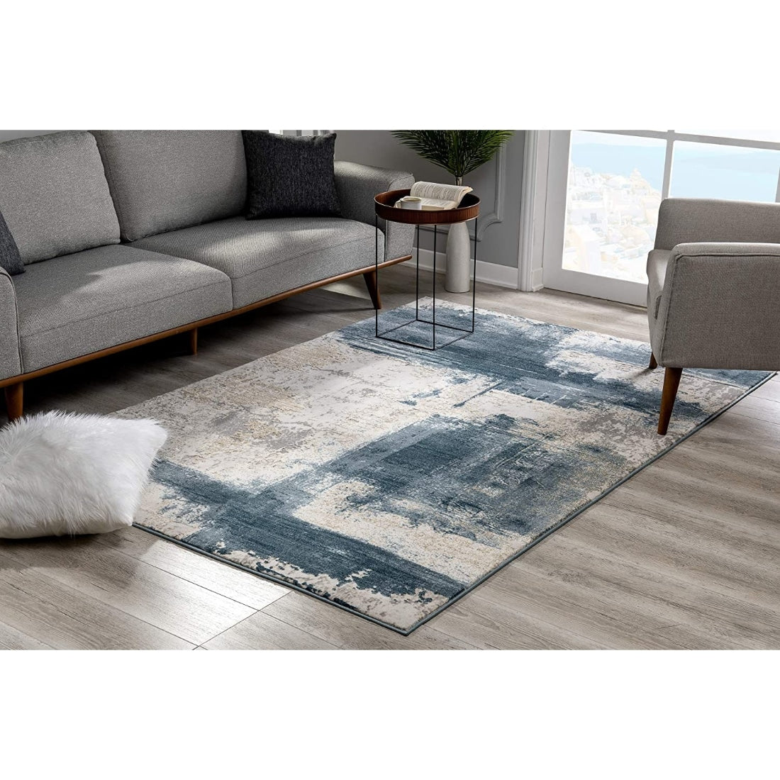 HomeRoots 7 x 9 (ft) Olefin Cream Blue Rectangular Indoor Abstract Area rug