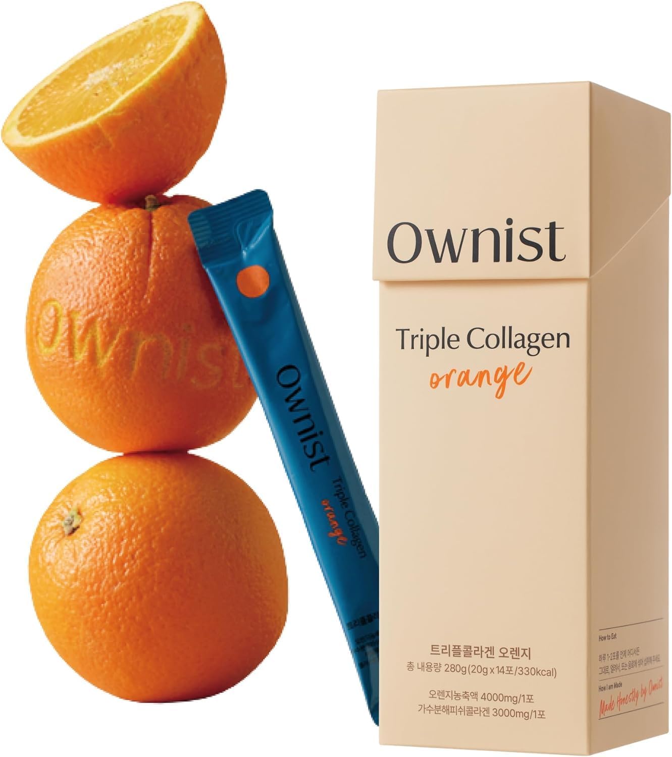 Ownist Triple Collagen Liquid Packets On-The-Go - Peptides with Hydrolyzed Marine Collagen, Elastin, Hyaluronic Acid and Vitamin for Healthy Skin - Orange Flavor - 14 Individual Stick Packs