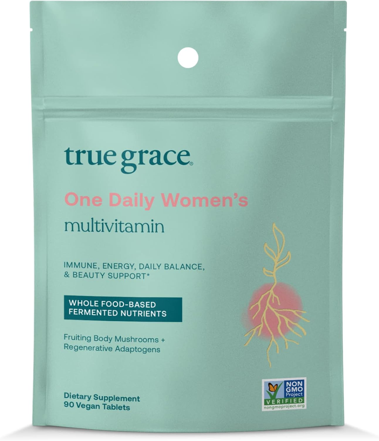 True Grace One Daily Women\u2019s Multivitamin Fermented Minerals, Organic Adaptogens & Mushrooms Whole Body Balance, Immune, Energy, Beauty Support - Non-GMO, Gluten Free, Soy Free - 90 Vegan Tablets