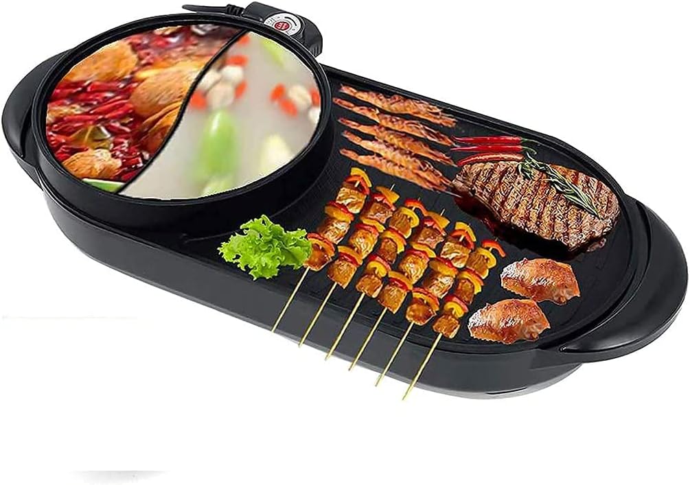 OSCCAR BBQ Electric Grill and Hot Pot, Non Stick BBQ Grill Teppanyaki Mat Indoor Portable Electric Hot Pot Grill Smokeless Large Capacity Pan for 3-5 People Gatherings