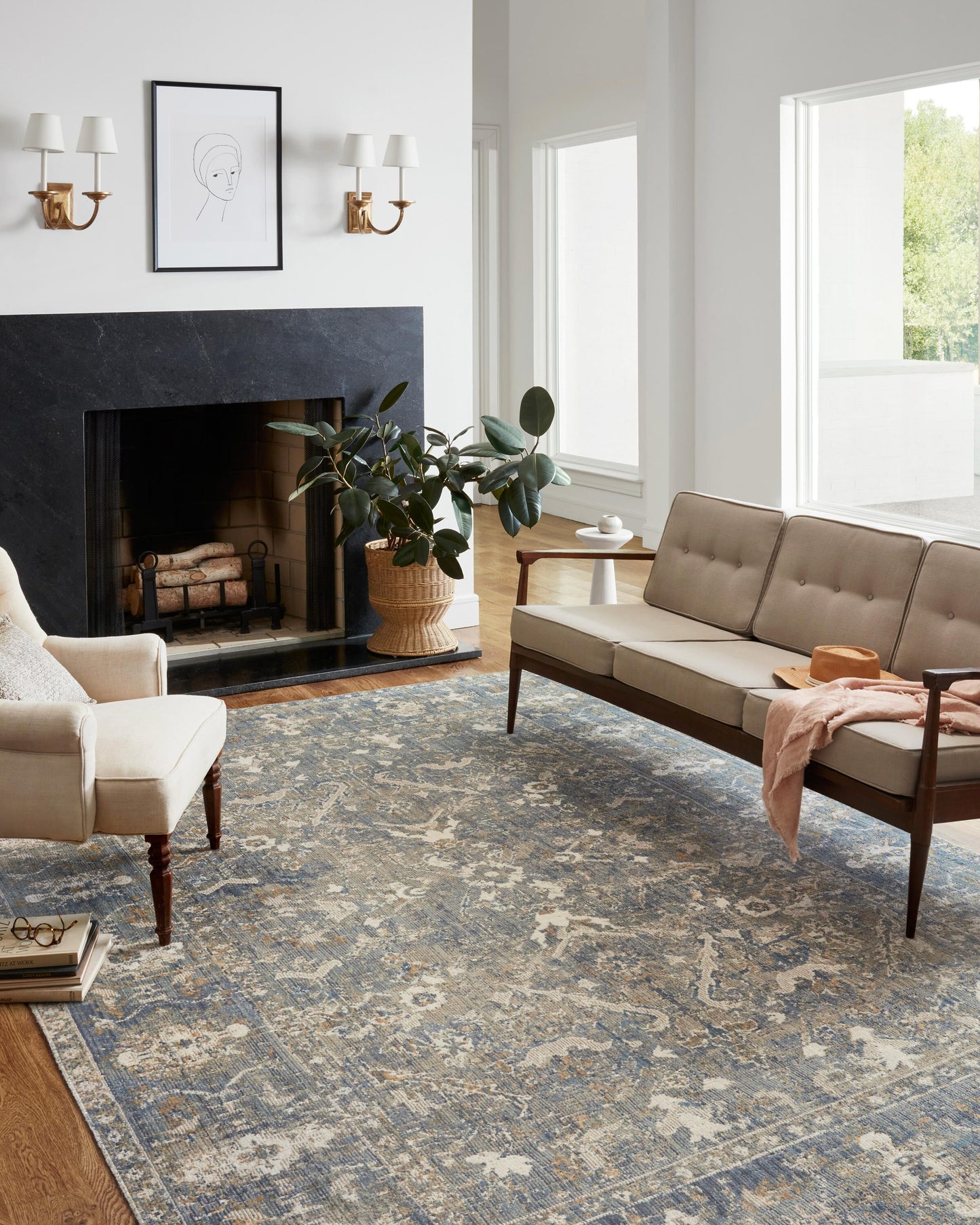 Chris Loves Julia x Loloi Rosemarie 8 x 10 (ft) Loomed Sand / Lagoon Rectangular Indoor Distressed/Overdyed Oriental Pet Friendly Area rug
