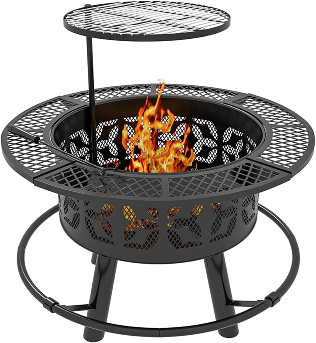 33 Inch Portable Fire Pit with Grill for Patio, Backyard, Garden, Fire Pits for Outside Wood Burning with Poker, Outdoor BBQ Grill, Round Metal Firepit Table for Camping, Heating, Bonfire