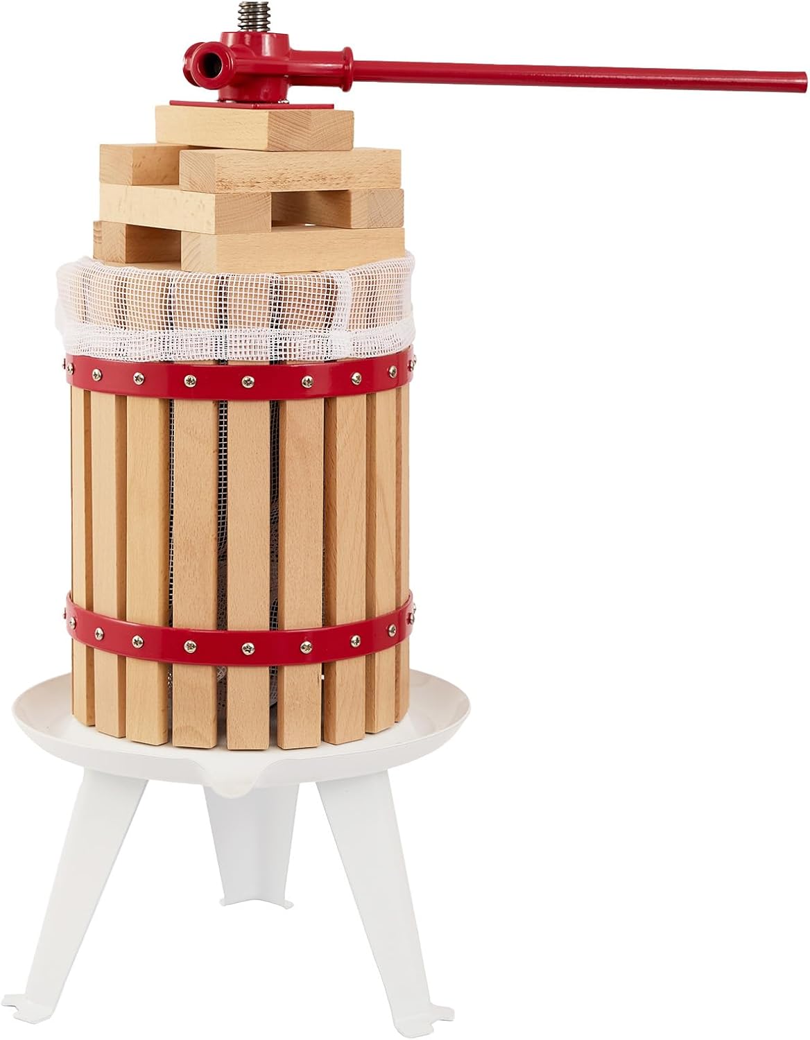 CAELUM Fruit Wine Press, 1.6 Gallon Wood Fruit and Cider Press Squeezer With T-Handle, Juice Maker, Wine Making Press Squeezer for Outdoor, Kitchen(Red)