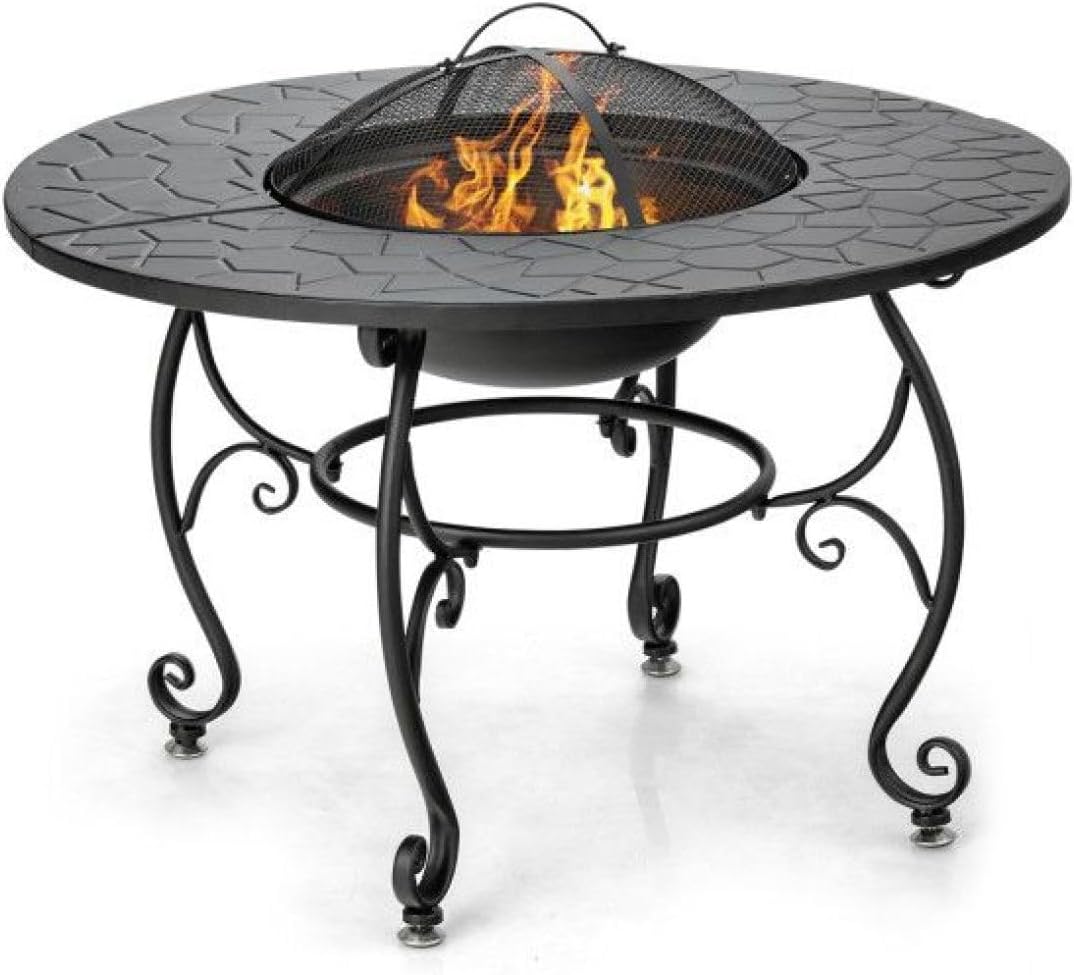 Patio Fire Pit Table, 35.5'' Wood Burning BBQ Grill, Outdoor Steel Fire Bowl with Cooking Grate & Screen Cover