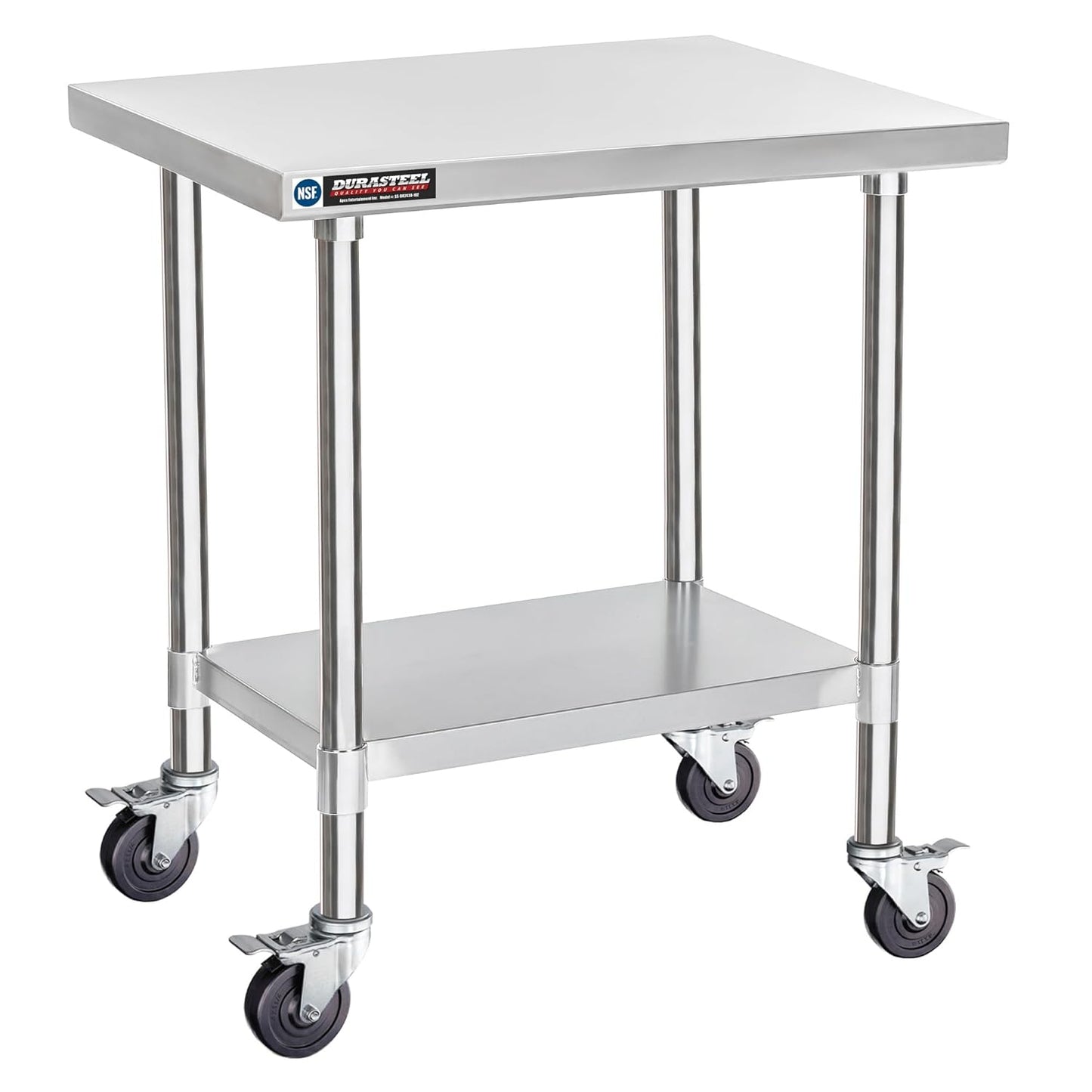 DuraSteel 30x24 NSF Stainless Steel Cart Work Table - Heavy Duty Rolling Food Prep Table - Metal Utility Cart on Wheels Caster, Grill Stand Microwave Outdoor Kitchen Tables Countertop Island Large Top