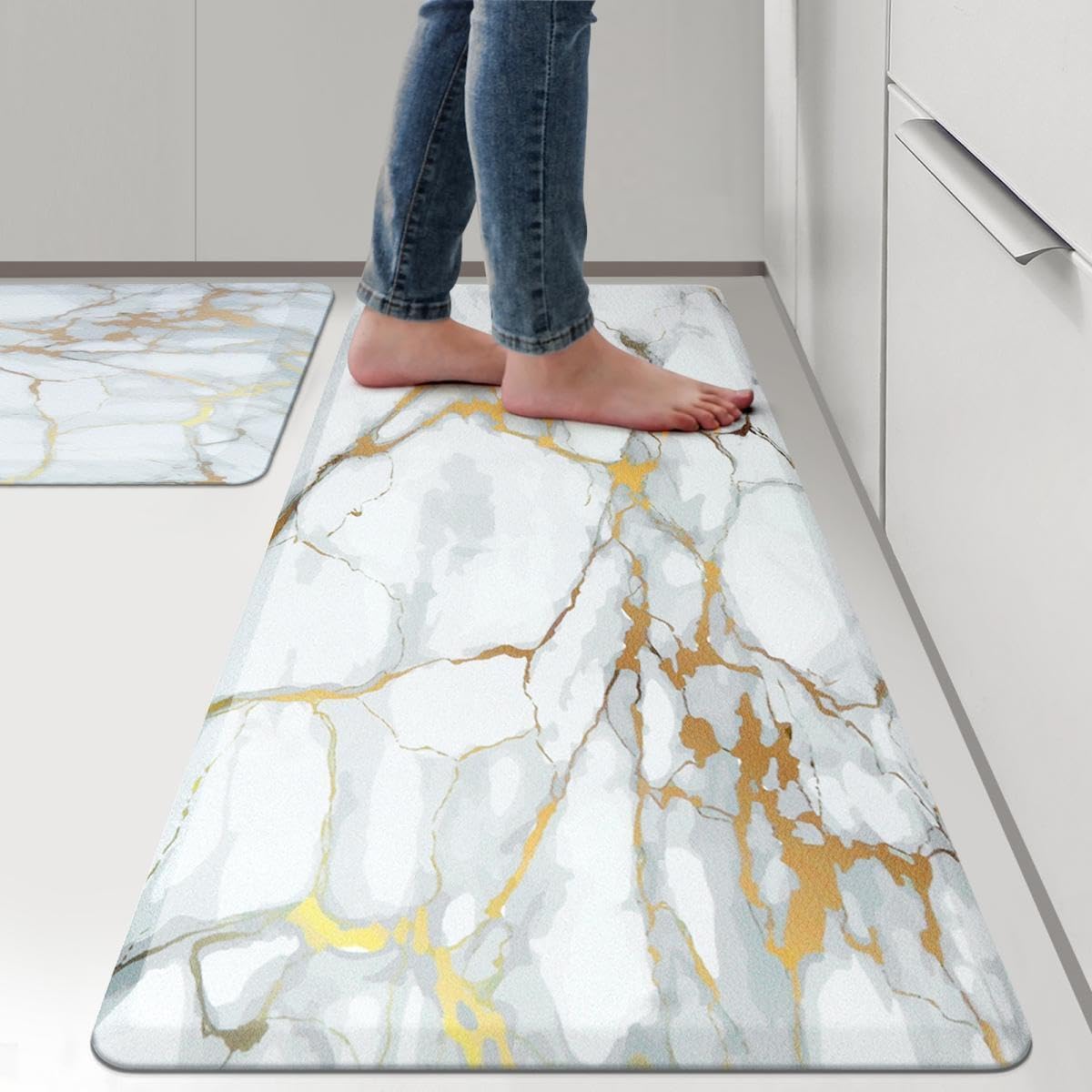 WEZVIX Anti Fatigue Kitchen Rugs and Mats 2 PCS, Comfort Cushion Mat Set, 1\/2 Thick Non Slip Kitchen Floor Rug Waterproof Cushioned Standing Mat for Floor Office Sink Laundry,(17.3"x29"+17.3"x47")