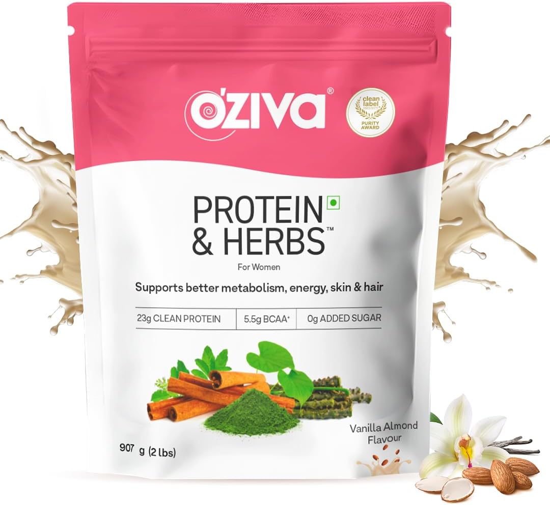 Protein & Herbs, Women with Multivitamins, Curcumin, Shatavari, Tulsi for Improved Metabolism, Hormonal Balance & Skin, Hair Health, 2.2 lbs, Vanilla Almond. Soy Free, Gluten Free, Non GMO
