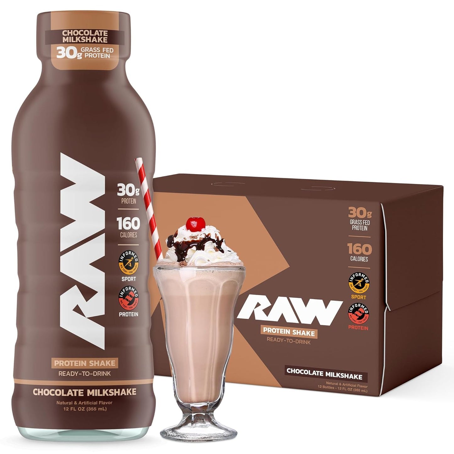 RAW Ready-to-Drink Protein Shake, Chocolate - RTD Protein Drinks with Grass-Fed Whey Protein Isolate for Post-Workout - Zero-Sugar & Gluten-Free Meal Replacement Drink & Breakfast Shake, 12 Fl Oz