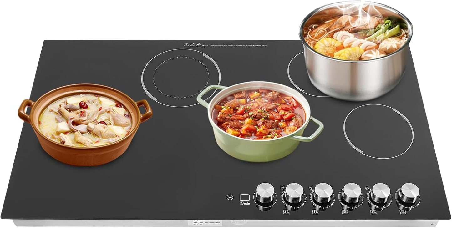 5 Burners Electric Cooktop, 35 Inch 48000W Electric Ceramic Cooktop Built-in Electric Stove Top with 5 Heating Levels, Kid Safety Lock, Timer and Knob Control, 110V for Hard Wire (No Plug)