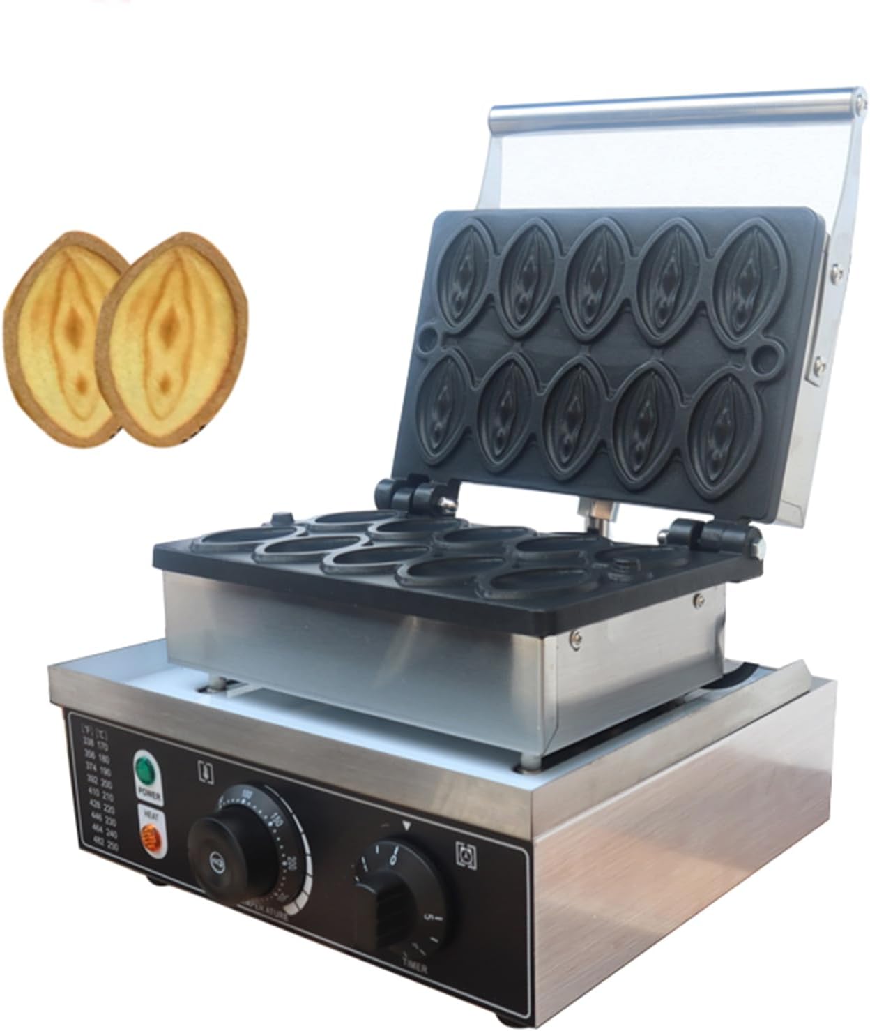 Commercial 1600W Mini Electric Abalone Shape Waffle,10pcs Penis Female Vaginal Waffle Maker,Non-Stick Coating 50-300℃/122-572℉ Adjustable Snack Machine