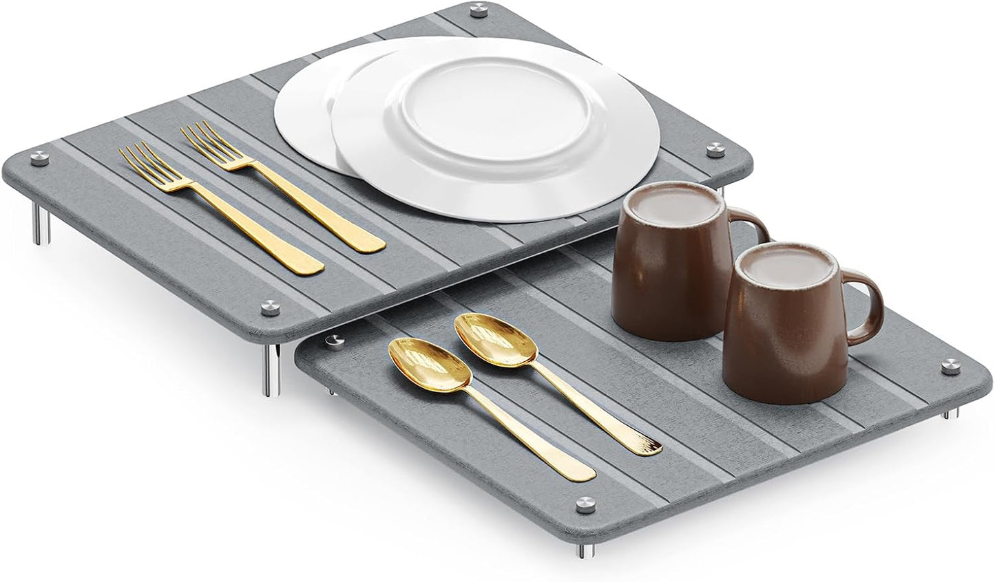 SpaceAid 2 Pack Stone Dish Drying Mats for Kitchen Counter, Expandable Absorbent Rack Dish Pad, Quick Dry Diatomaceous Earth Dishes Mat Tray, Absorbing Sink Stone Mat Board (Gray)