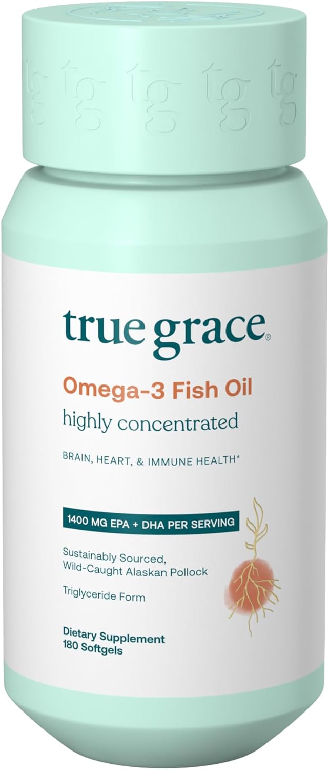 True Grace Omega-3 Fish Oil - 180 Softgels - 1400 mg EPA + DHA - Brain, Heart, Joint & Immune Health - Organic, Gluten Free, Soy Free