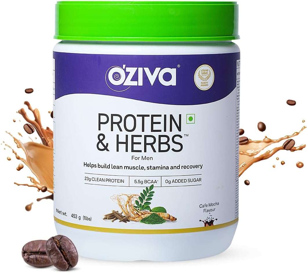 Protein & Herbs, Men with Multivitamins,Ashwagandha,Brahmi,Maca, Musli for Improved Stamina, Lean Muscles & Recovery 1.1 lbs, Cafe Mocha. Soy Free, Gluten Free, Non GMO