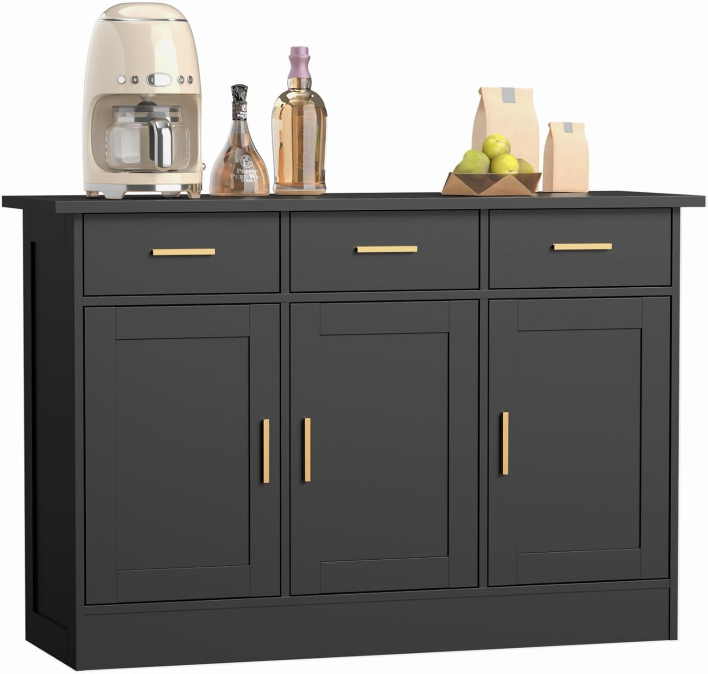 Buffet Cabinet with Storage - Buffets & Sideboards Kitchen Storage Cabinet, Wood Console Table Coffee Bar Accent Cabinets for Living Room Dining Room Entryway Large 3 Doors & Drawers, Black