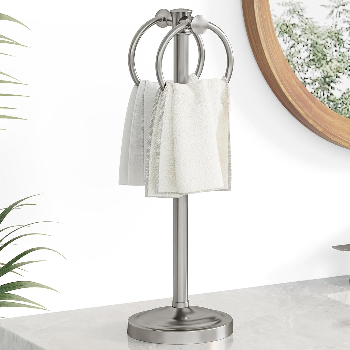 Hoimpro 17" Brushed Nickel Standing Towel Rack Bracket, Double Towel Ring Hand Towel Free Stand Holder Bathroom Hardware Accessories Set, Towel Bar for Bathroom Vanities and Kitchen Countertops