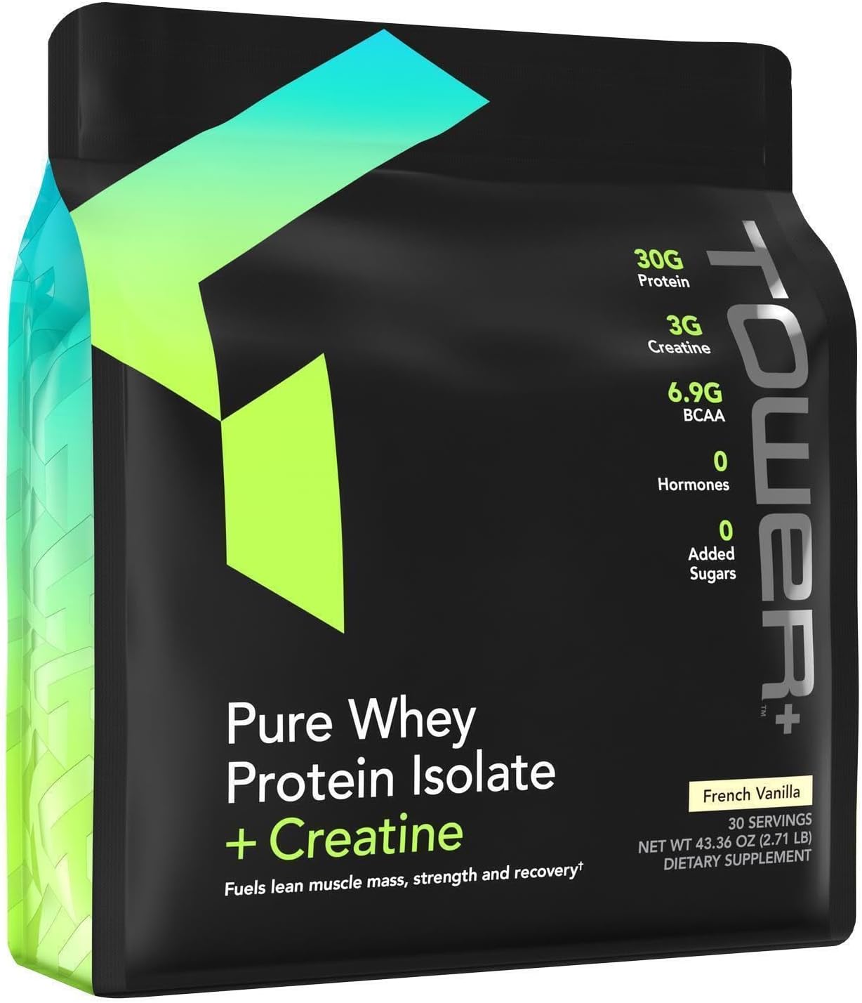 Tower+™ Pure Whey Protein Isolate Powder with Creatine - Muscle Recovery & Growth Support Formula, 30g Protein per Serving, BCAAs, Gluten-Free, 30 Servings