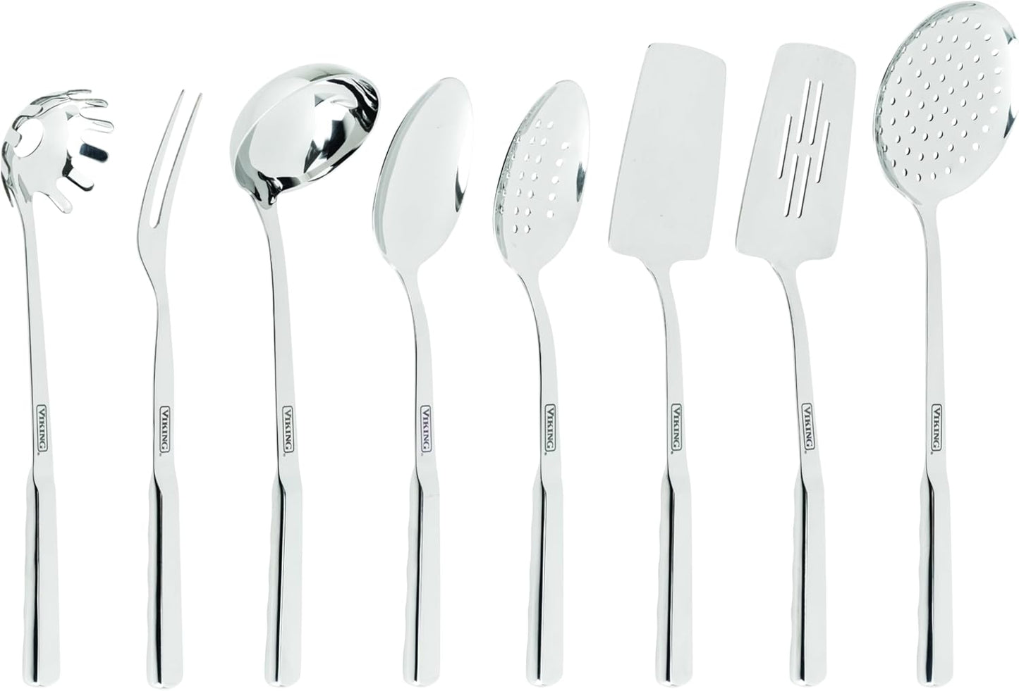 Viking Kitchen Utensils Set, 8 Piece Stainless Steel Cooking Utensil Set, Includes Spatulas, Spoons, Pasta Fork, Deep Ladle, Meat Fork, and Skimmer, Silver