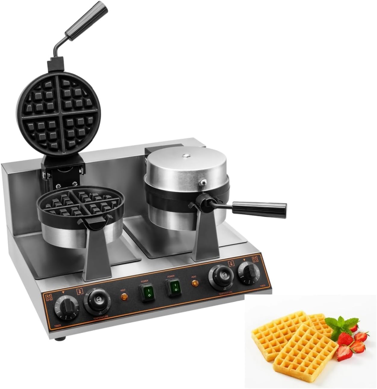 Commercial Waffle Maker Double Heads Waffle Maker Machine, 110V 2600W Non-stick Round Waffle Iron Maker Thicken, Double-head Honeycomb Egg Waffle Making Machine for Restaurant