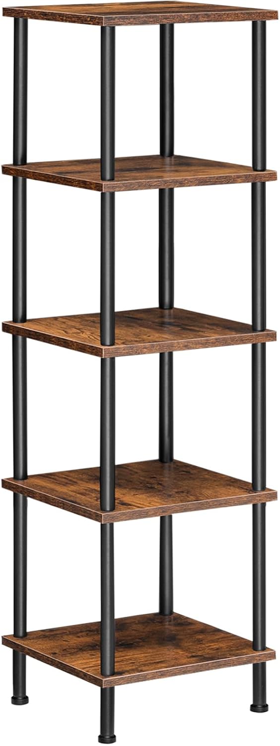 HOOBRO 5-Tier Corner Shelf Stand, Corner Square Rack Display Shelf, Tall Storage Plant Stand, Bookcase for Small Spaces, Living Room, Home Office, Kitchen, Rustic Brown and Black BF50CJ01