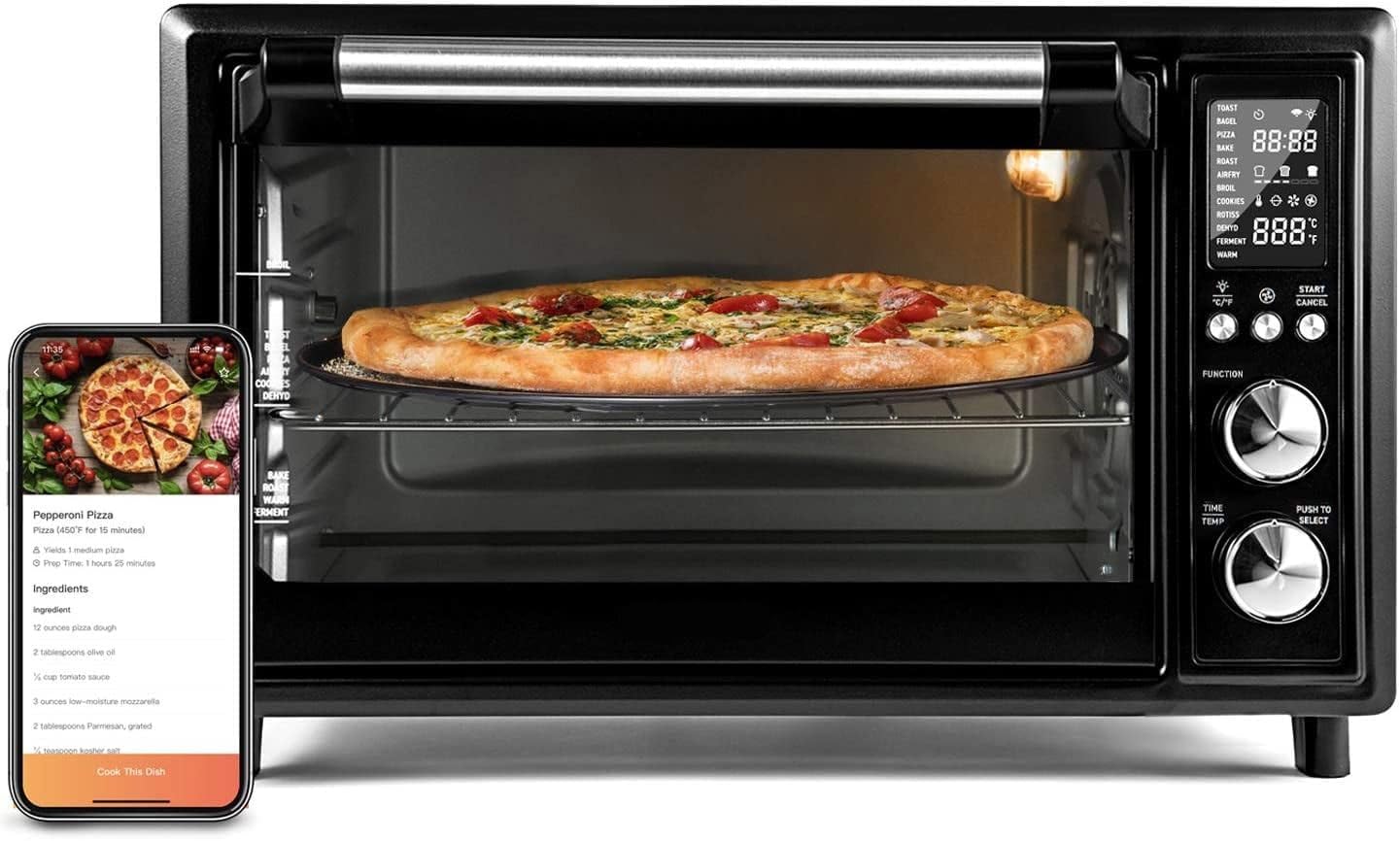 32 Quart Smart New Air Fryer Toaster Oven, Stainless Steel, Black, Digital Display, 100+ Online Recipes
