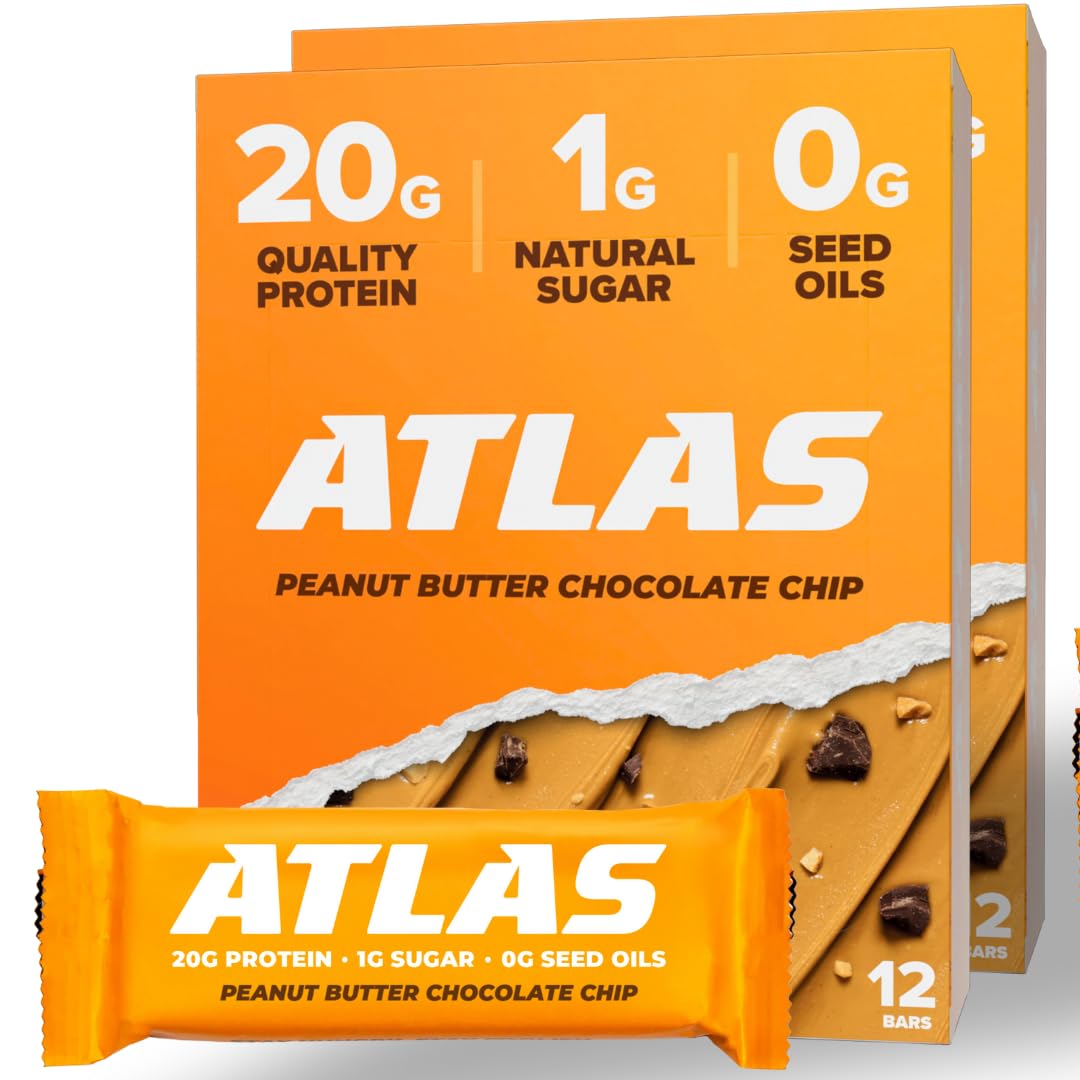 Atlas Protein Bar, 20g Protein, 1g Sugar, Clean Ingredients, Gluten Free (Peanut Butter Chocolate Chip, 12 Count (Pack of 2))