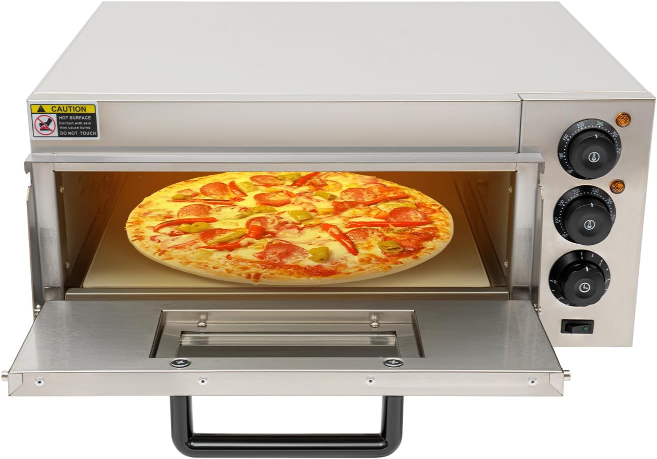 Indoor Pizza Oven 1800W Electric Countertop Pizza Oven with Handle and 30mins Timer Multifunctional Commercial Pizza Maker Machine 110V Indoor Pizza Oven for Home Kitchen Store, Silver