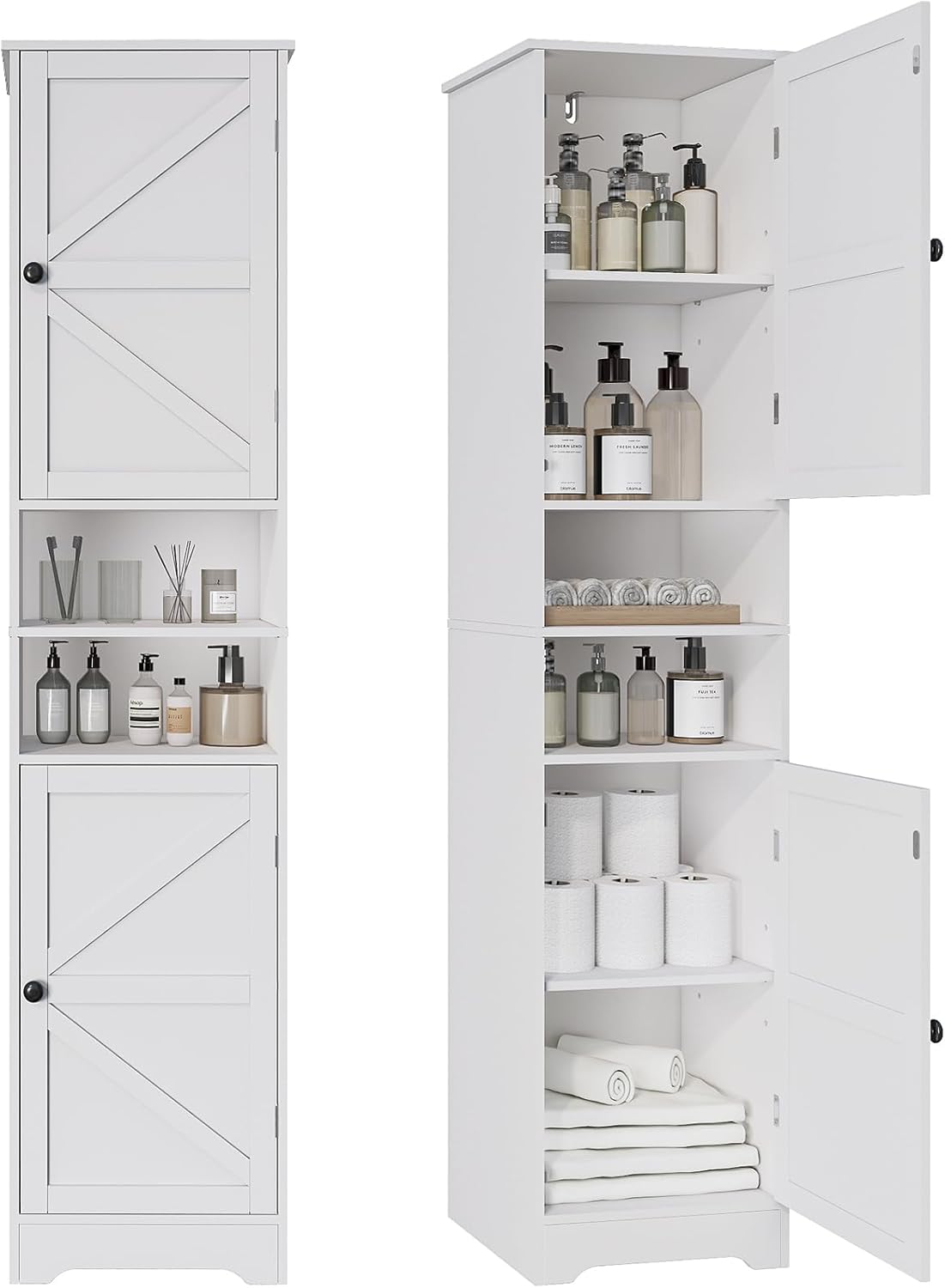 Viaozutis Tall Bathroom Cabinet, Storage Cabinet with 2 Doors & 2 Open Storage Compartments, Adjustable Shelf, for Bathrooms, Kitchens, Entrances, or Bedrooms(White)