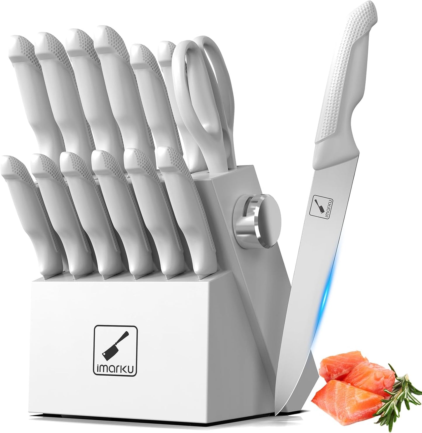 imarku Kitchen Knife Set, Japanese Knives Set For Kitchen, Stainless Steel Knife Set With Block, Sashimi Knives For Fish\/Meat Slicing, Kitchen Essentials, White, Anti-Slip Handle, Dishwasher Safe