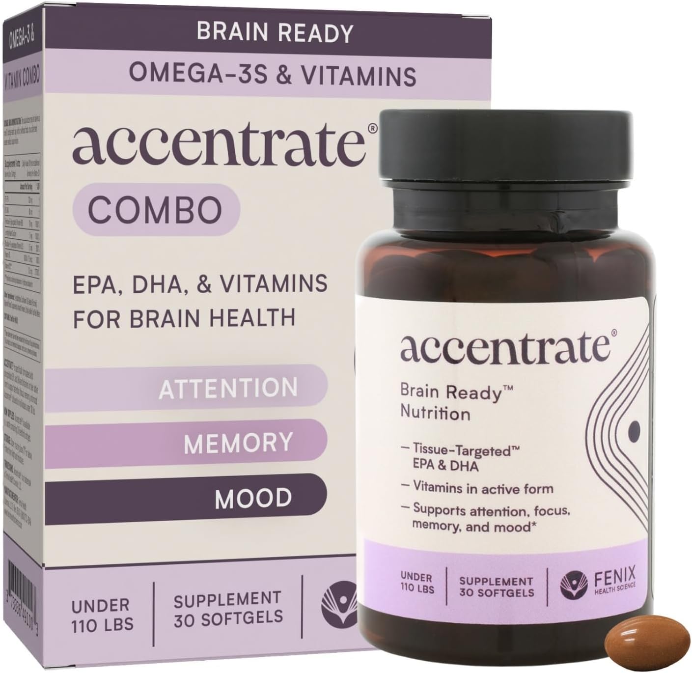 Brain Supplement for Natural Focus & Attention | for Kids | Active B Vitamin & Omega-3 Combo | Vitamin B Complex w\/Omega 3 Fatty Acids EPA & DHA | Omega-3s in Small Pill | L-MTHF, B12, P5P, VIT D