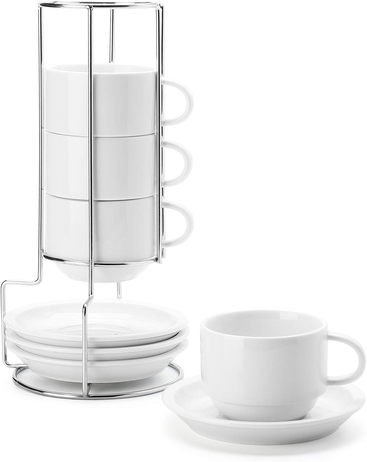 Sweese 8 Ounce Porcelain Stackable Cappuccino Cups with Saucers and Metal Stand - for Specialty Coffee Drinks, Cappuccino, Latte, Americano and Tea - Set of 4, White