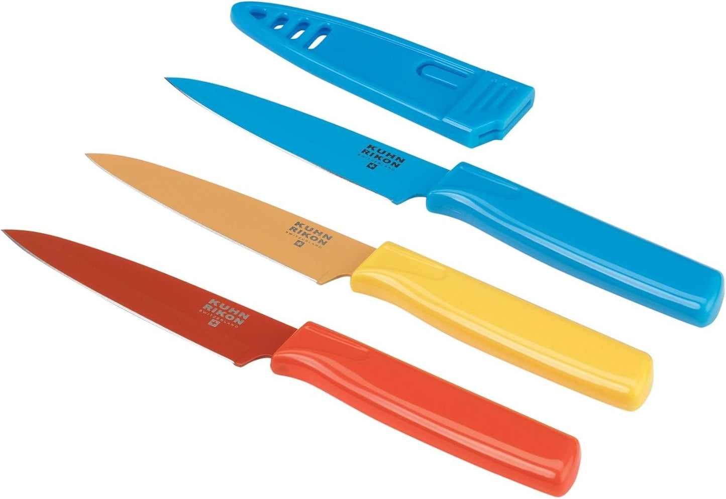 Kuhn Rikon Straight Paring Knife with Safety Sheath, 4 inch\/10.16 cm Blade, Red, Yellow & Blue (Pack of 1)
