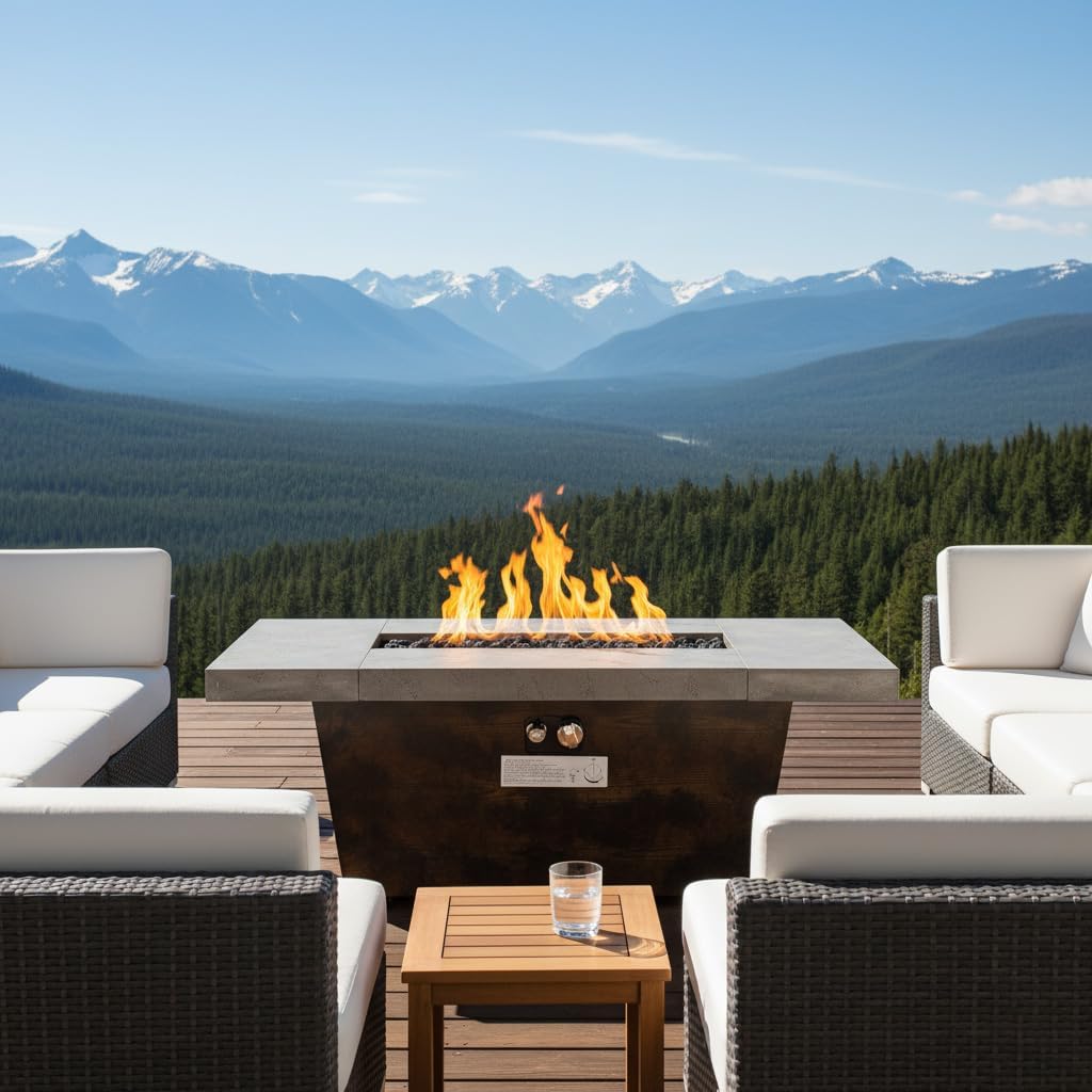 42 Inch Gas Fire Pit Table Rectangle Outdoor Propane Firepit Table 50000 BTU with Cement-Imitating Texture Design Stainless Steel Burner Removable Lid and Rain Cover for Patio Backyard Garden Heating