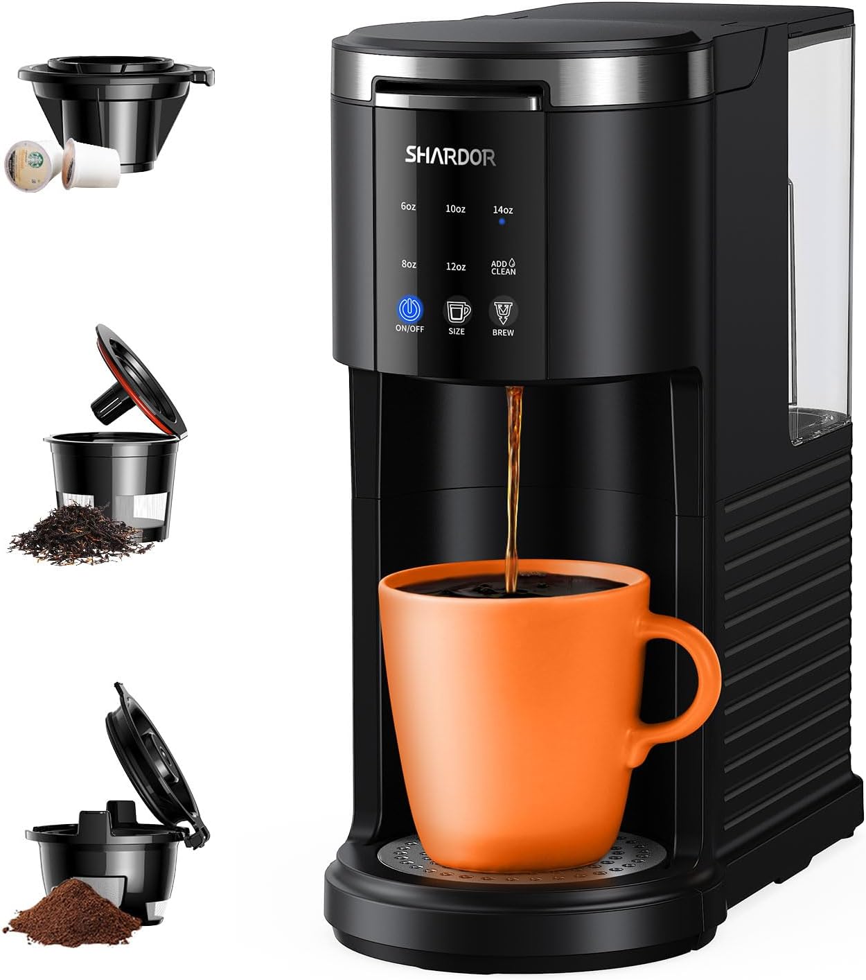 SHARDOR 3 in 1 Coffee Maker, K Cup Coffee Maker Compatible with Ground Coffee & Teas, Single Serve Coffee Machine, 6–14oz Brew Sizes, 40oz Detachable Water Reservoir, Descale Settings, Black