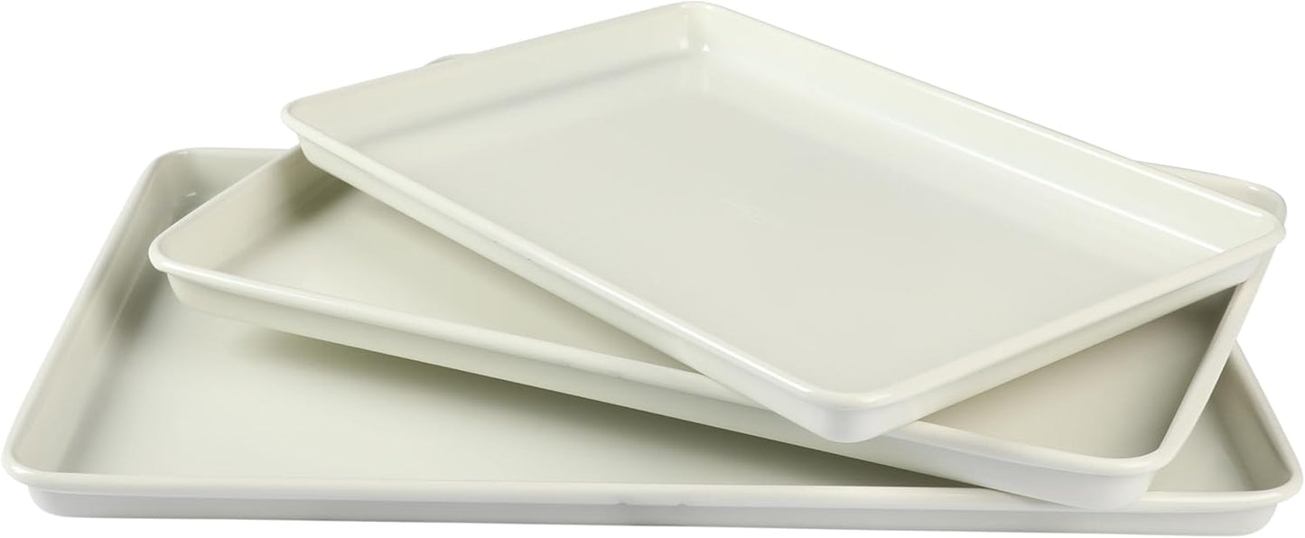 Martha Stewart Gallen 3-Piece Cookie Sheet Set \u2013 13", 15", 17" Baking Pans, Ceramic Nonstick, PFA-Free, Carbon Steel \u2013 Oven Safe to 450°F, Warp-Resistant, Easy to Clean - Linen White
