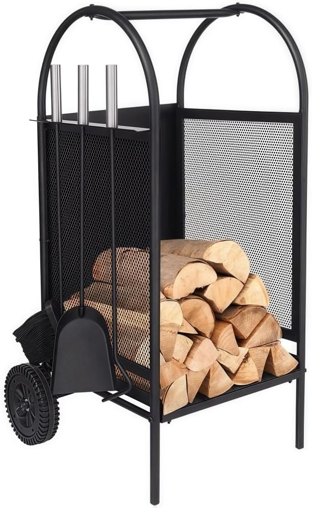 Firewood Racks on Wheels, Metal Stove Racks, Indoor Firewood Organization Storage, Firewood Transport Rack