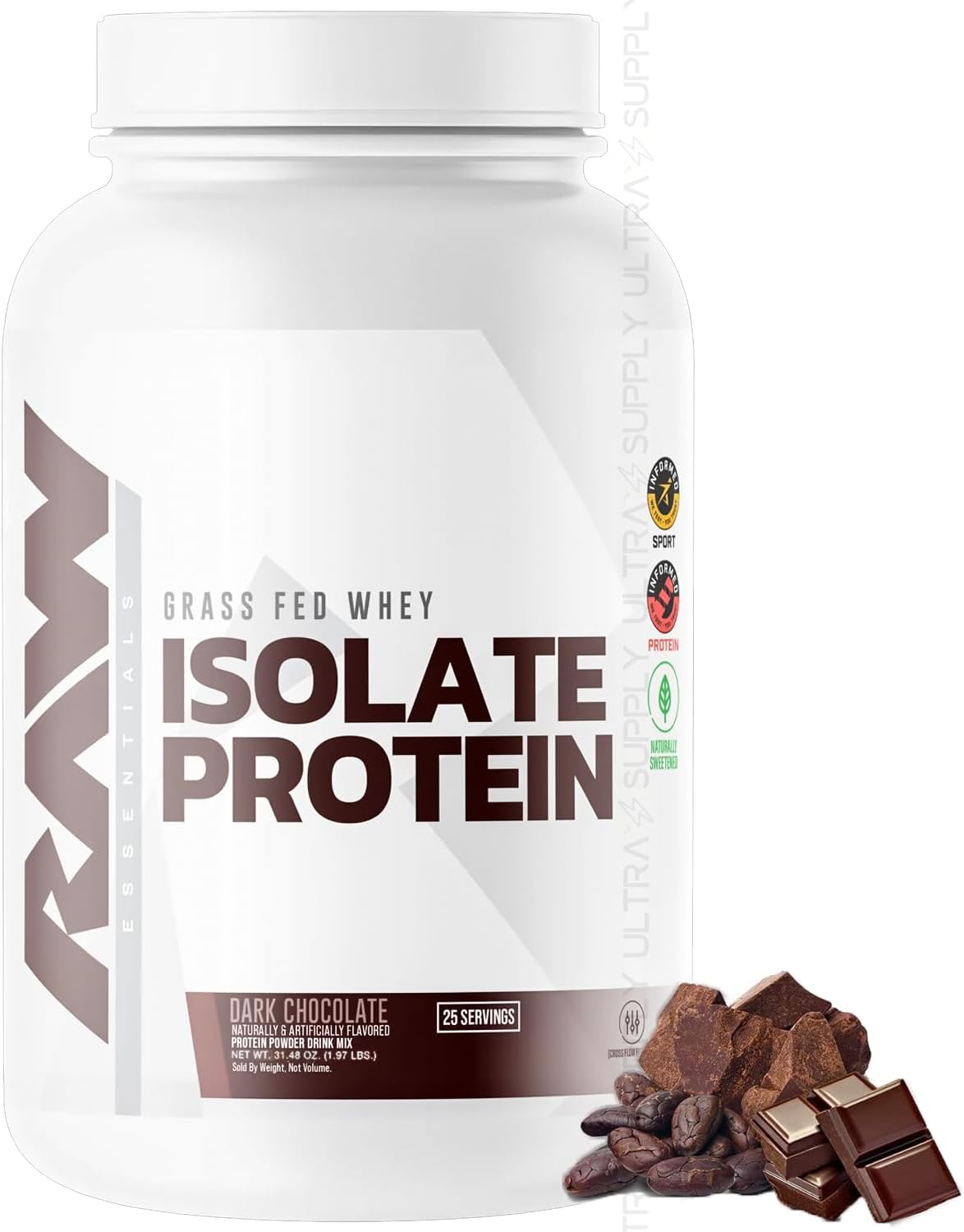 RAW 25g Grass-Fed Whey Isolate Protein Powder, Dark Chocolate Flavor, 25 Servings